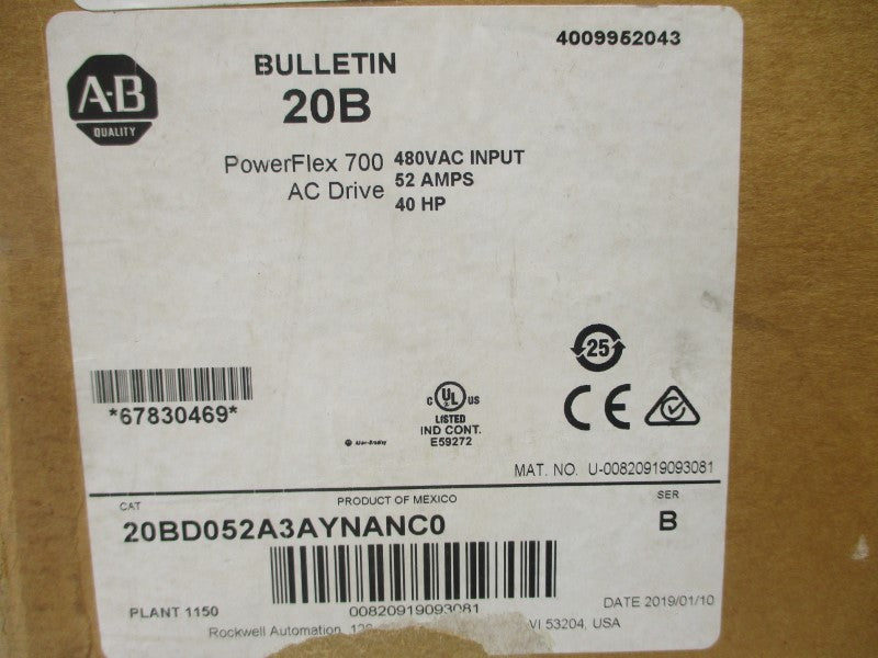 ALLEN BRADLEY 20BD052A3AYNANC0 SER. B 480VAC 52A NSMP