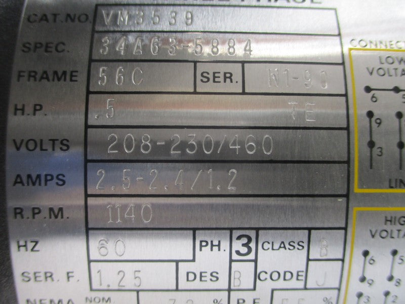 BALDOR VM3539 34A63-5884 208-230/460V 2.5-2.4/1.2A NSMP