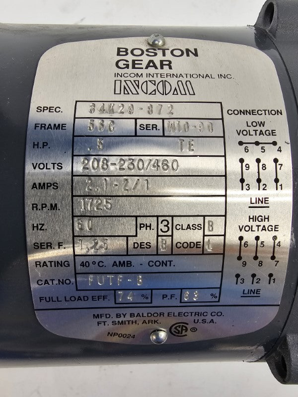 BOSTON GEAR FUTF-B 34K20-372 208-230/460V 2.1-2/1A NSNP