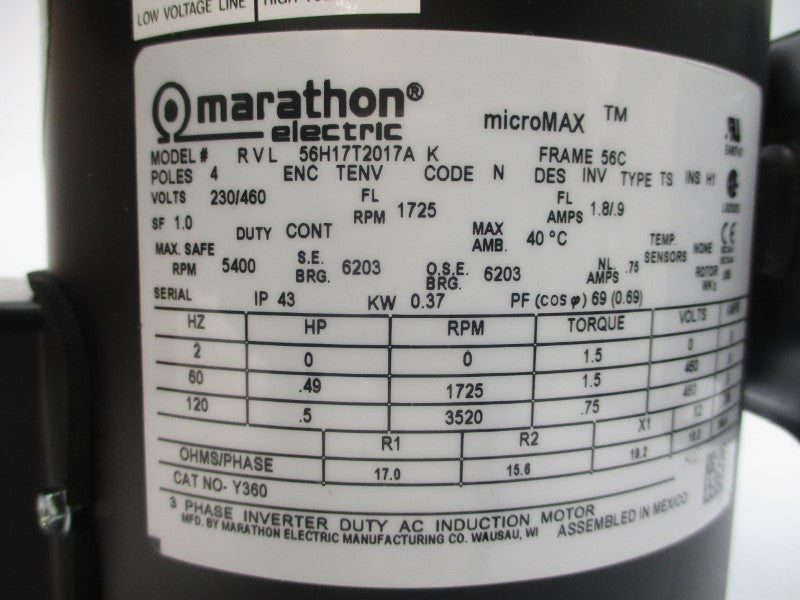 MARATHON ELECTRIC 056H17T2017A Y360 230/460V 1.8/.9A NSMP