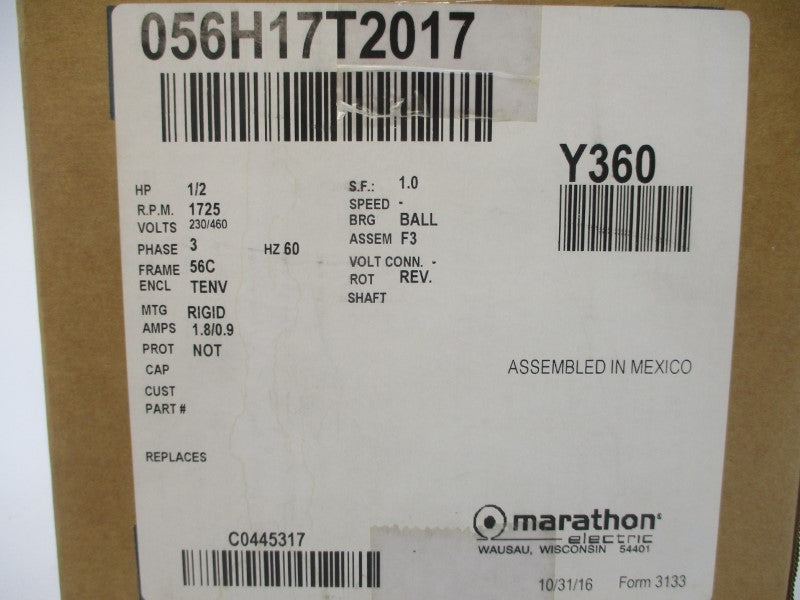 MARATHON ELECTRIC 056H17T2017A Y360 230/460V 1.8/.9A NSMP