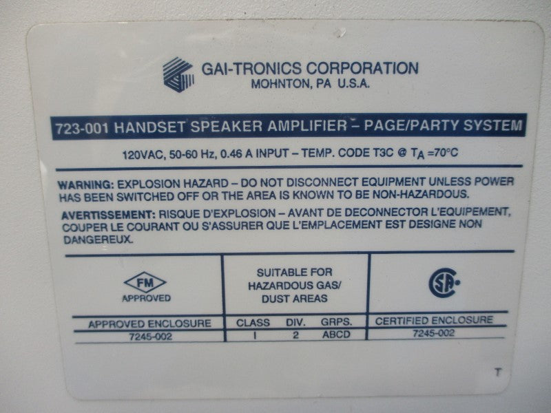 GAI-TRONICS 723-001 120VAC 0.46A UNMP