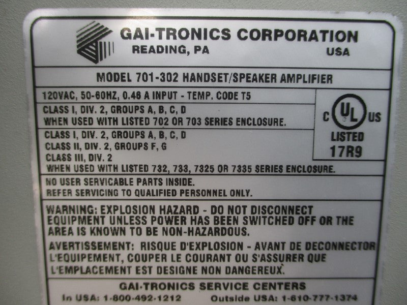 GAI-TRONICS 701-302 120VAC 0.46A (AS PICTURED) UNMP