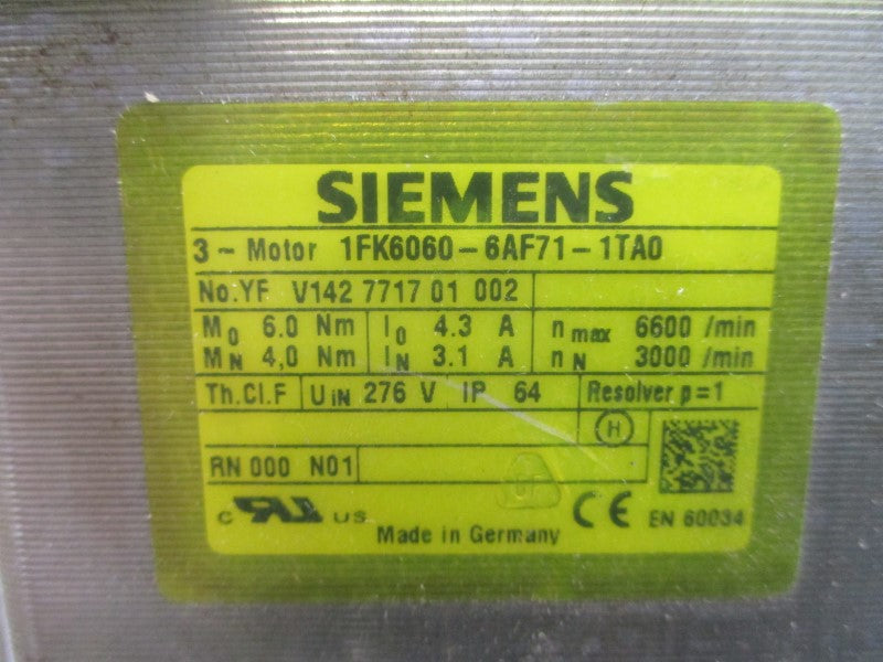 SIEMENS 1FK6060-6AF71-1TA0 276V 4.3/3.1A NSMP