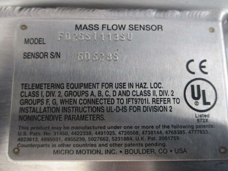 MICRO MOTION F025SI113SU 275PSI (AS PICTURED) NSNP
