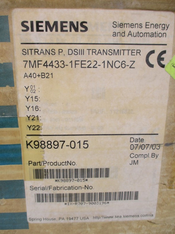 SIEMENS 7MF4433-1FE22-1NC6-Z 10.5-45VDC 2300PSI NSMP
