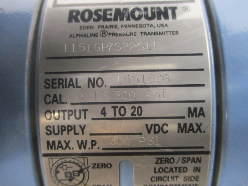 ROSEMOUNT 1151GP7S22S1I5 45VDC 0-300PSI NSNP