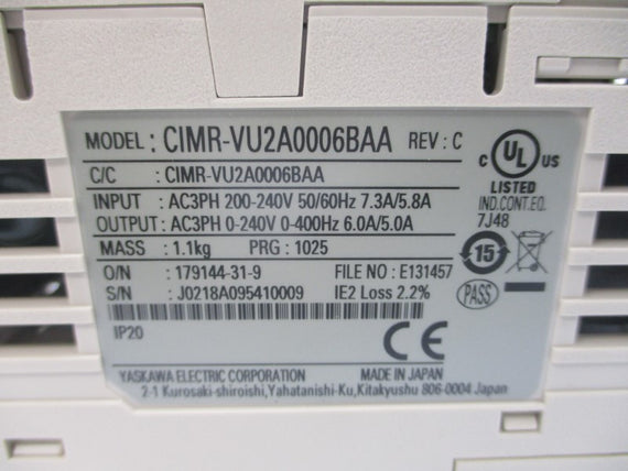 YASKAWA ELECTRIC CIMR-VU2A0006BAA 200-240VAC 7.3/5.8A REV. C NSMP