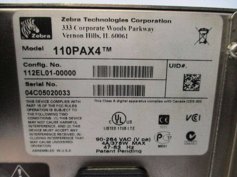 ZEBRA 110PAX4 112EL01-00000 90-264VAC 4A NSNP