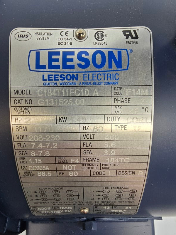 LEESON ELECTRIC G131525.00 C184T11FC10A 208-230/460V 7.4-7.2/3.6A NSMP