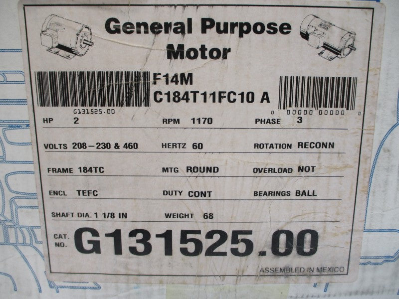 LEESON ELECTRIC G131525.00 C184T11FC10A 208-230/460V 7.4-7.2/3.6A NSMP