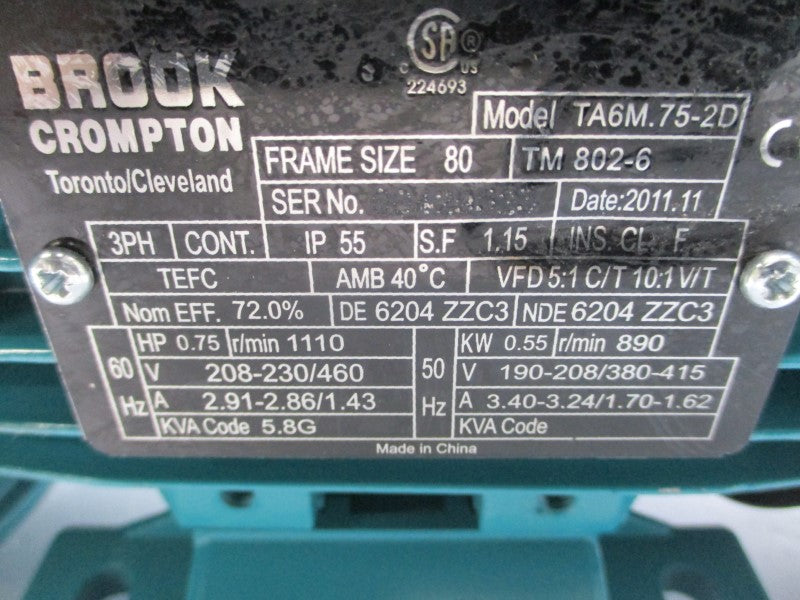 BROOK CROMPTON TA6M.75-2D 208-230/460V 2.91-2.86/1.43A NSNP