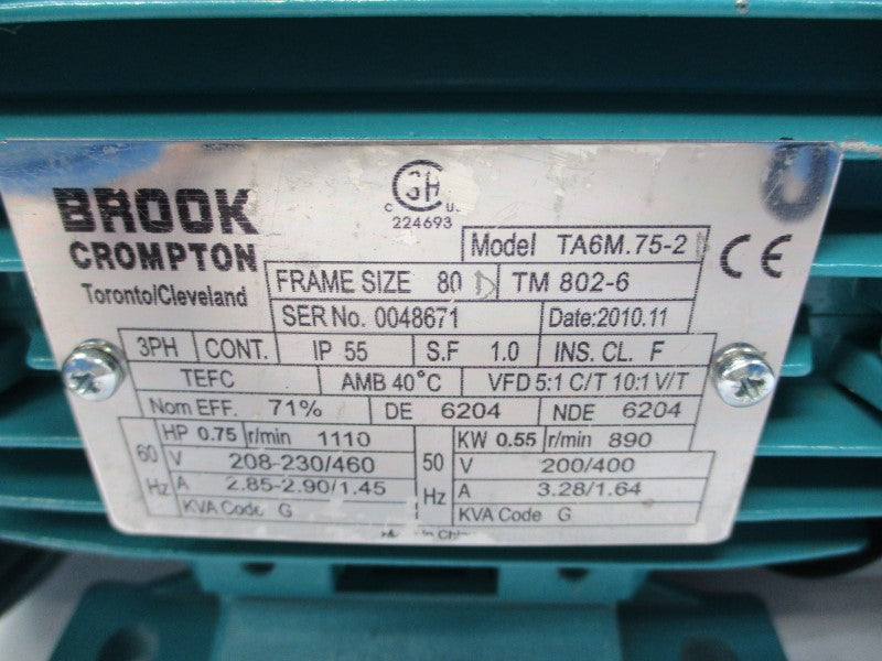 BROOK CROMPTON TA6M.75-2 208-230/460V 2.85-2.90/1.45A NSNP