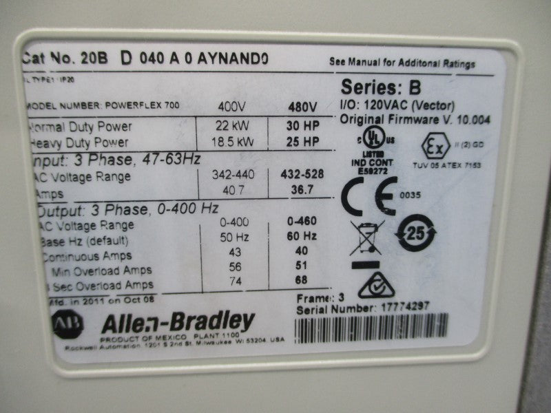ALLEN BRADLEY 20BD040A0AYNAND0 SER. B F/W V.10.004 480V 40A (AS PICTURED) UNMP