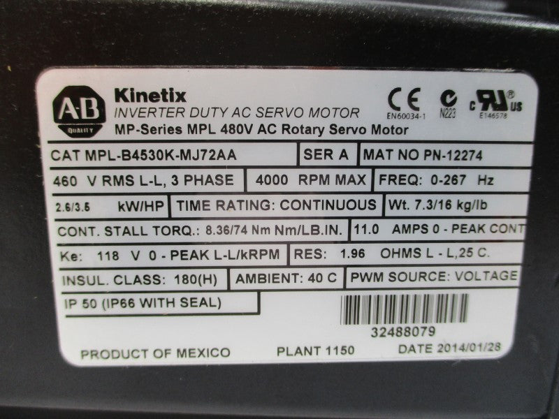 ALLEN BRADLEY MPL-B4530K-MJ72AA SER. A 460VAC 11.0A NSMP