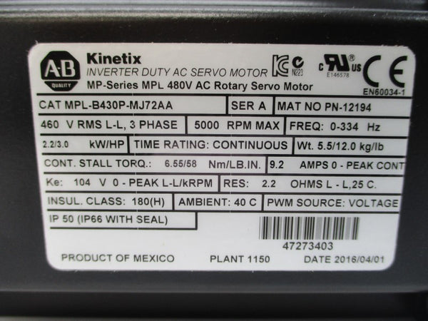 ALLEN BRADLEY MPL-B430P-MJ72AA SER. A 460VAC 9.2A NSMP