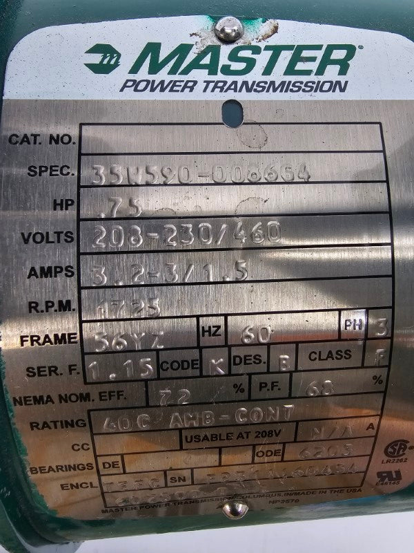 MASTER POWER TRANSMISSION 35W590-008654 W/ X75950-WG16A 208-230/460V 3.2-3/1.5A NSNP
