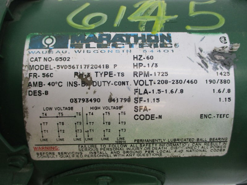 MARATHON ELECTRIC G502 5VD56T17F2041BP W/ SM2206MQ56 208-230/460V 1.5-1.6/.8A NSNP