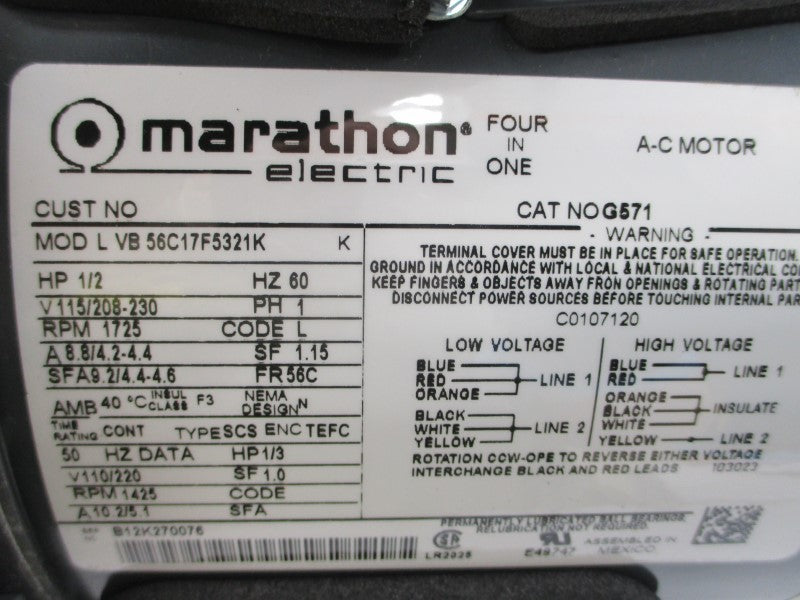 MARATHON ELECTRIC G571 LVB56C17F5321K 115/208-230VAC 8.8/4.2-4.4A NSMP