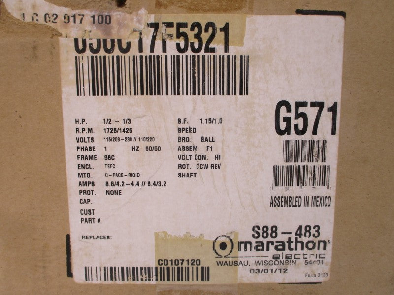 MARATHON ELECTRIC G571 LVB56C17F5321K 115/208-230VAC 8.8/4.2-4.4A NSMP