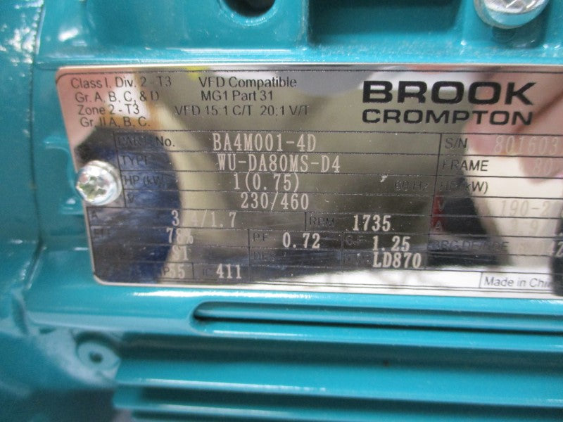 BROOK CROMPTON BA4M001-4D WU-DA80MS-D4 230/460V 3.4/1.7A NSMP