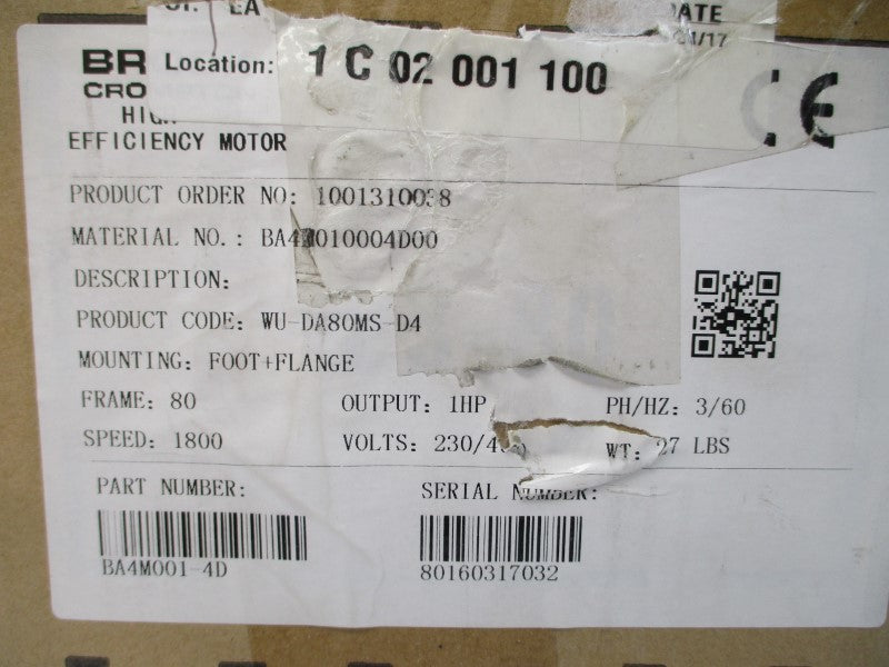 BROOK CROMPTON BA4M001-4D WU-DA80MS-D4 230/460V 3.4/1.7A NSMP