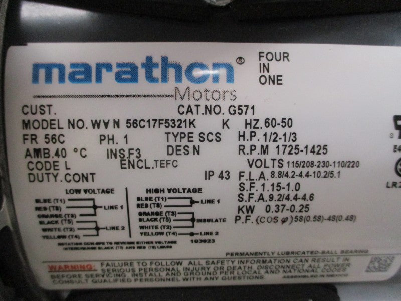 MARATHON MOTORS G571 56C17F5321K 115/208-230-110/220V 8.8/4.2-4.4-10.2/5.1A NSMP