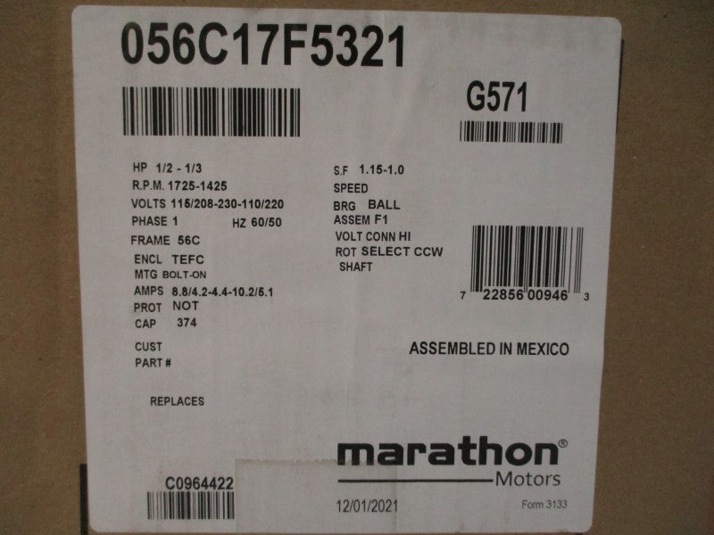 MARATHON MOTORS G571 56C17F5321K 115/208-230-110/220V 8.8/4.2-4.4-10.2/5.1A NSMP