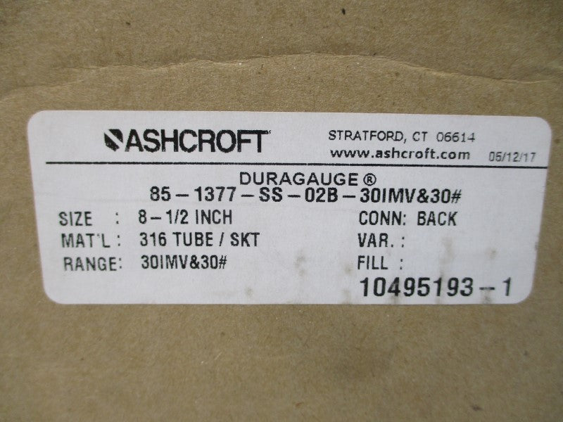 ASHCROFT 85-1377-SS-02B-30IMV&30# 30INHGVAC/30PSI 8-1/2" NSMP