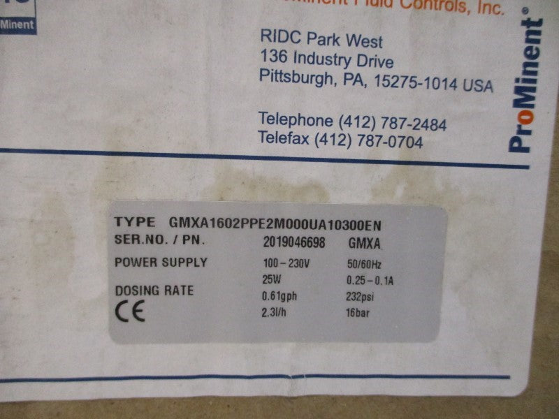PROMINENT GMXA1602PPE2M000UA10300EN 100-230V 0.25-0.1A 232PSI NSMP