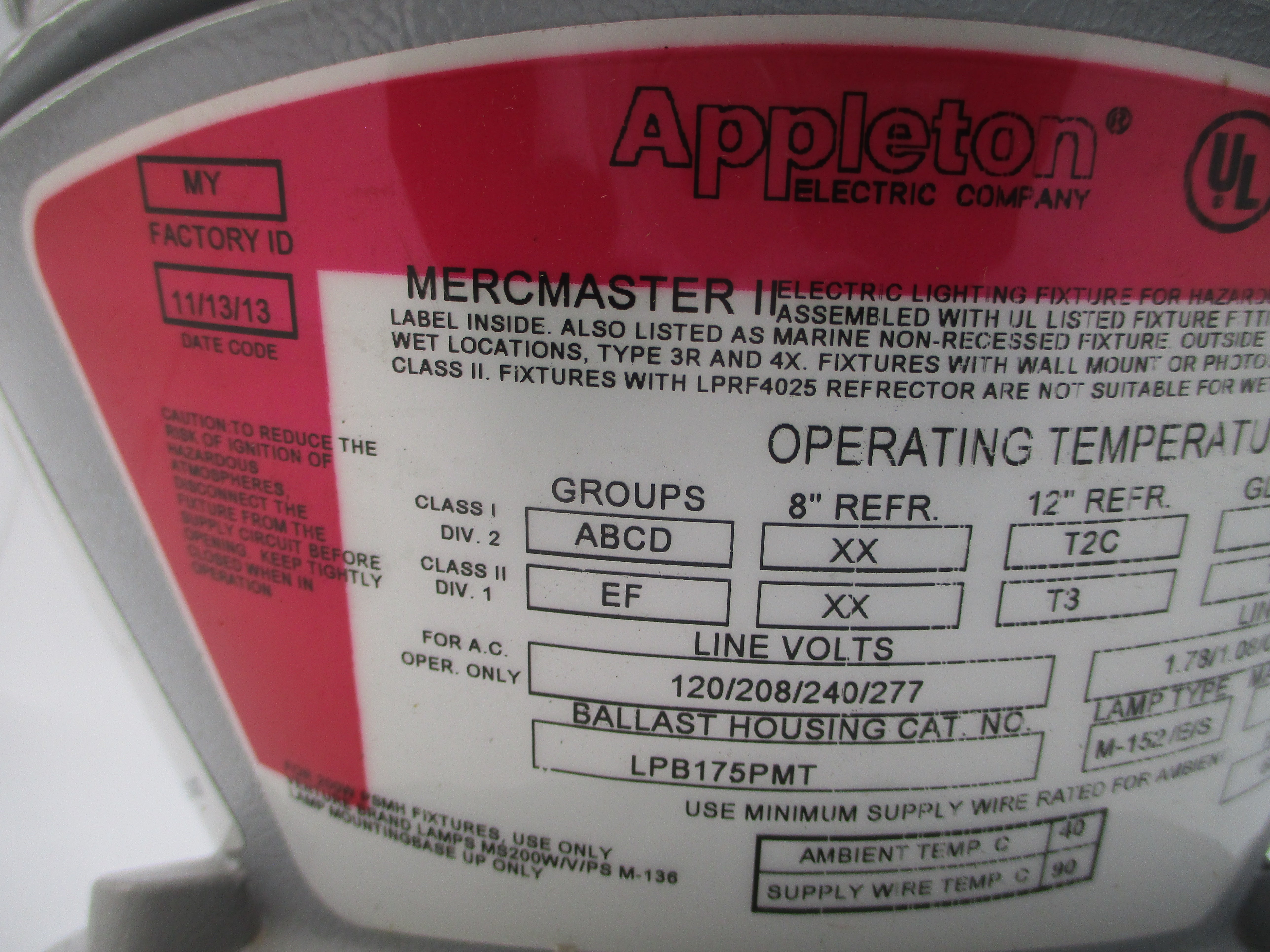 APPLETON LPB175PMT 277V 1.78A (NO GLOBE) NSNP