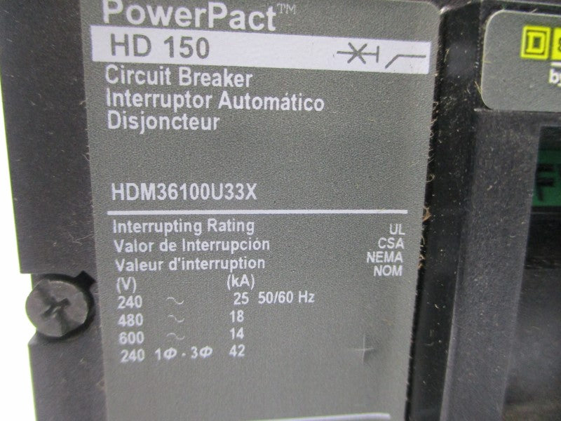SQUARE D HDM36100U33X SER. 1 600V 100A NSNP