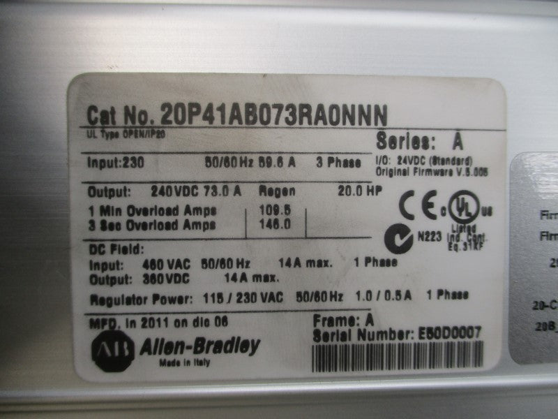 ALLEN BRADLEY 20P41AB073RA0NNN SER. A F/W V.5.005 460VAC 14A (AS PICTURED) UNMP