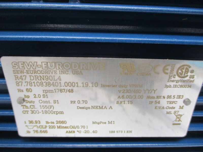 SEW-EURODRIVE R47DRN90L4 230/460V 6.00/3.00A NSNP