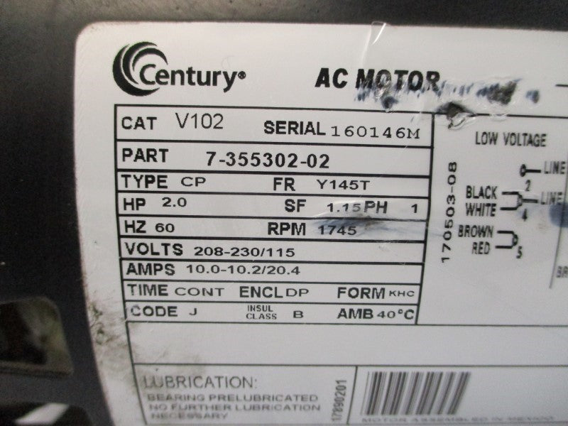 CENTURY V102 7-355302-02 208-230/115V 10.0-10.2/20.4A (AS PICTURED) NSNP