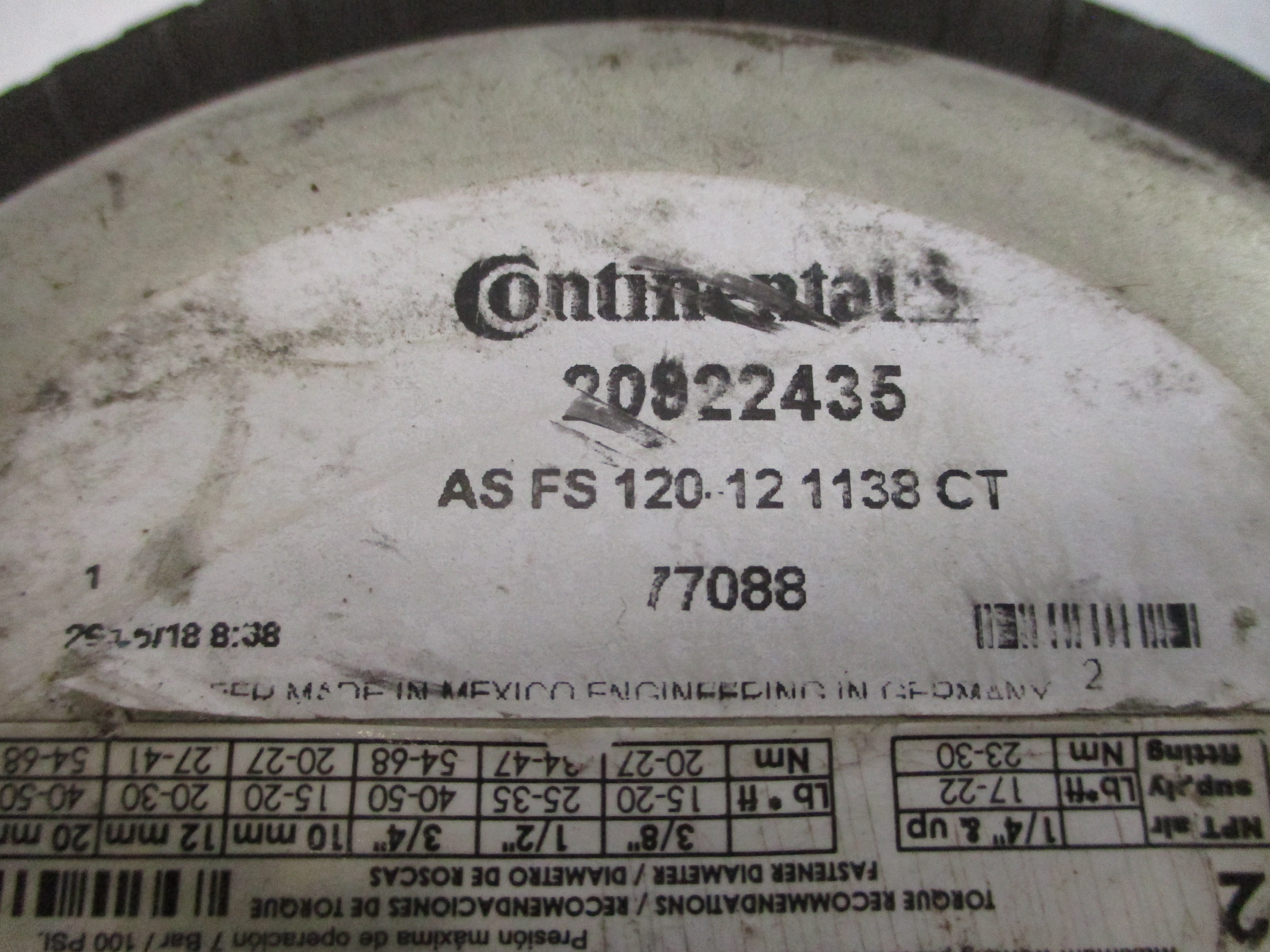 CONTINENTAL 20922435 ASFS120-121138CT 100PSI UNMP