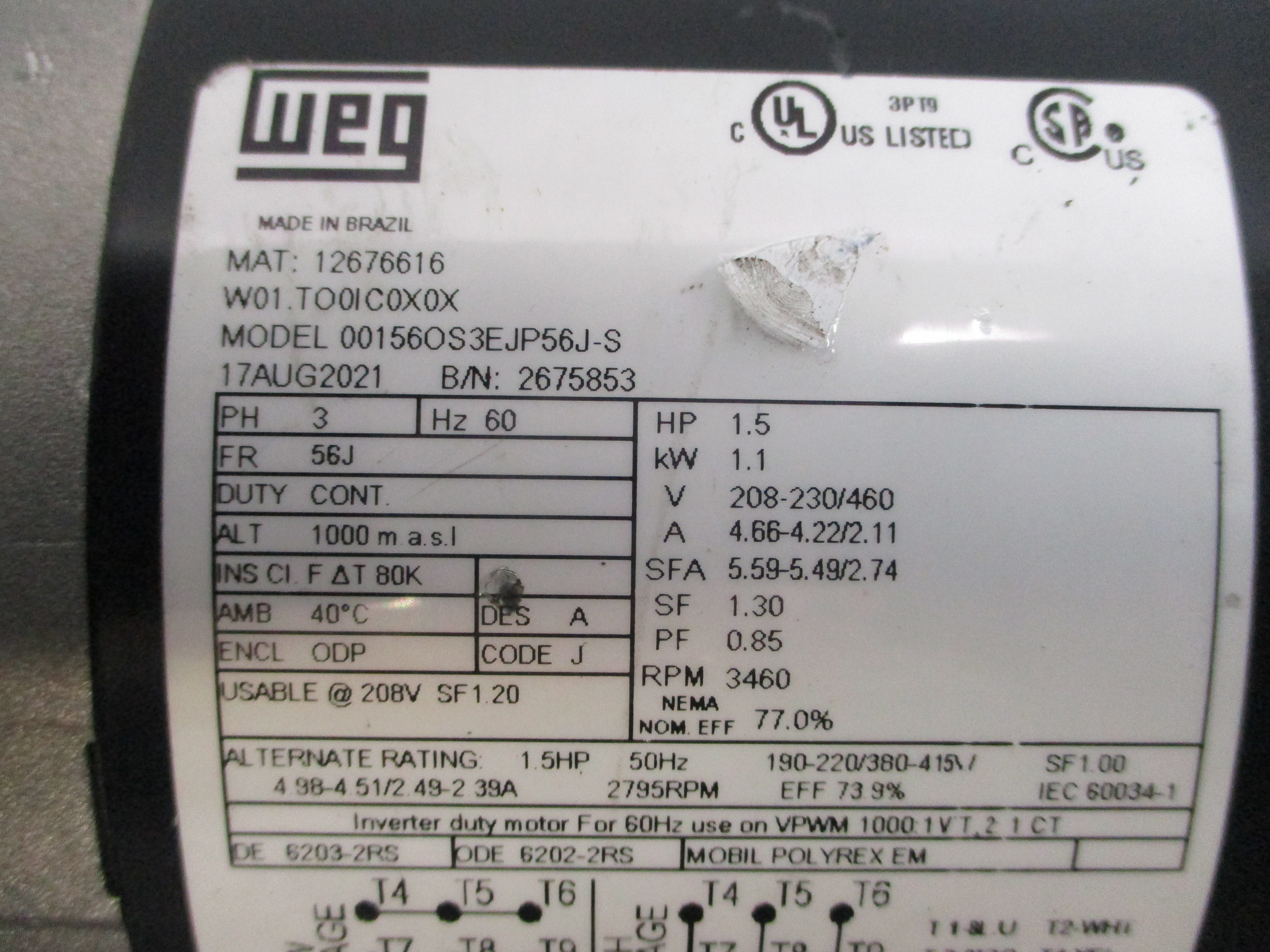 WEG 116BF4.25 00156OS3EJP56J-S 208-230/460V 4.66-4.22/2.11A NSNP