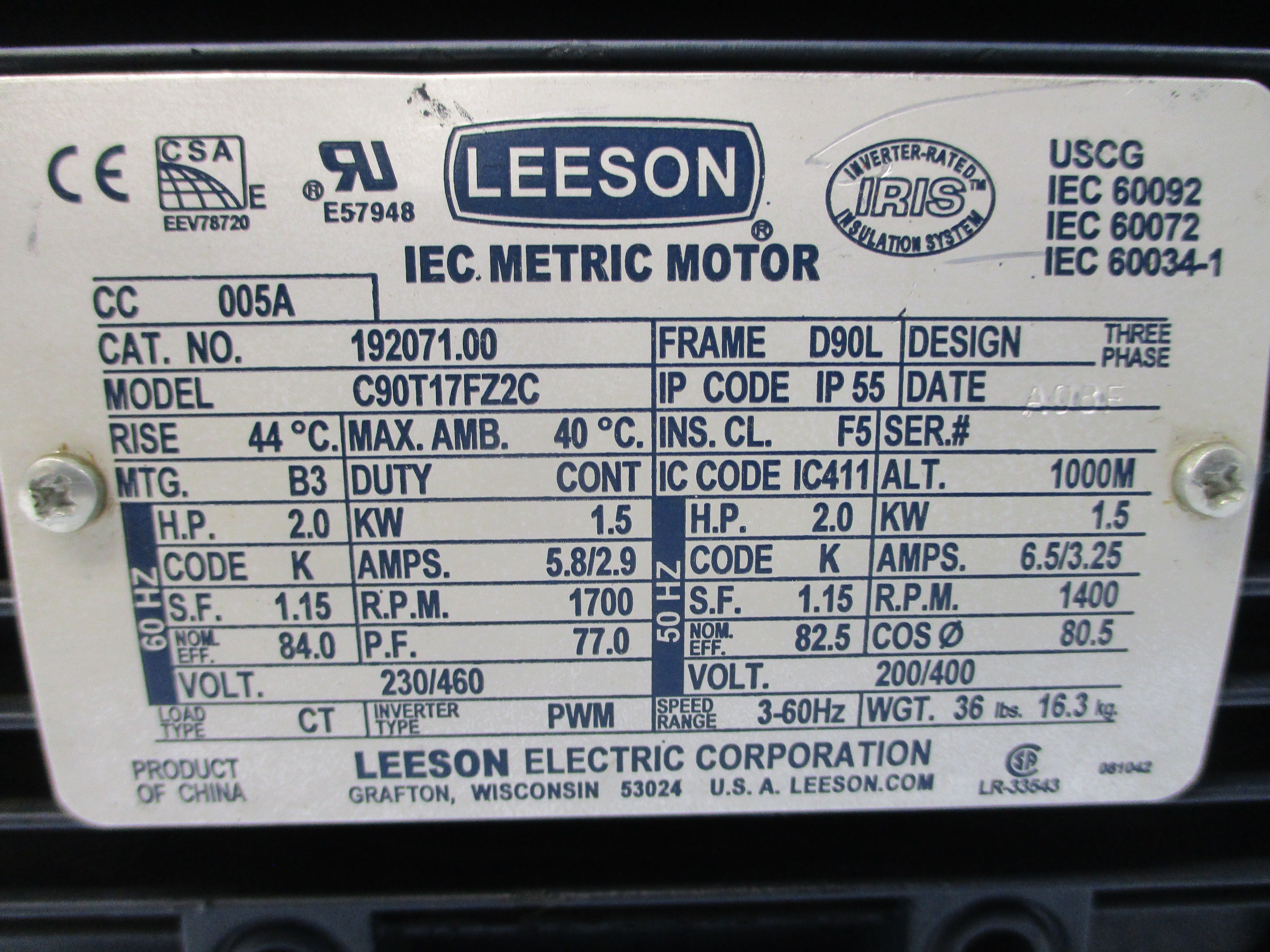 LEESON 192071.00 C90T17FZ2C 230/460V 5.8/2.9A NSNP