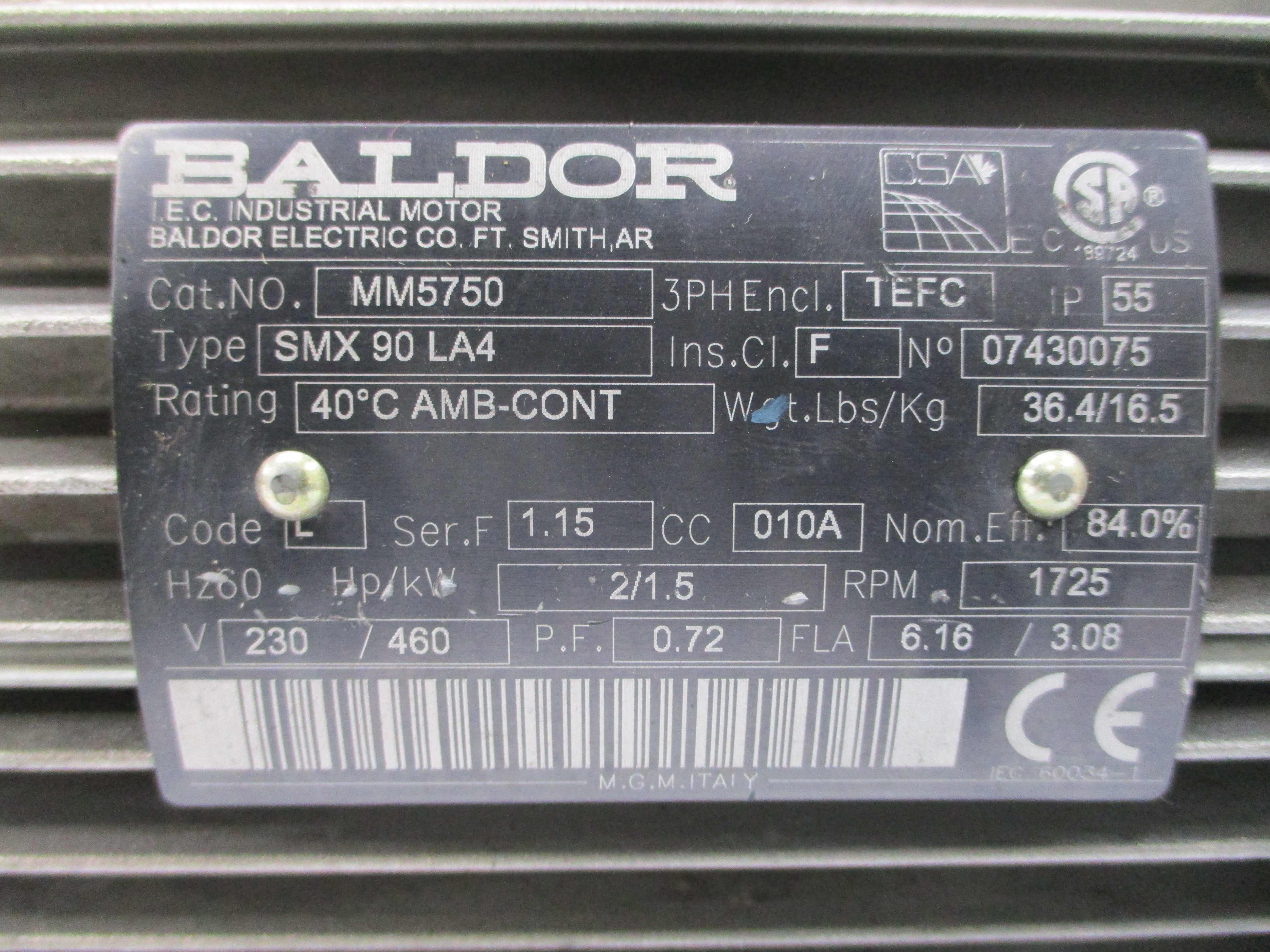 BALDOR MM5750 SMX90LA4 230/460V 6.16/3.08A NSNP
