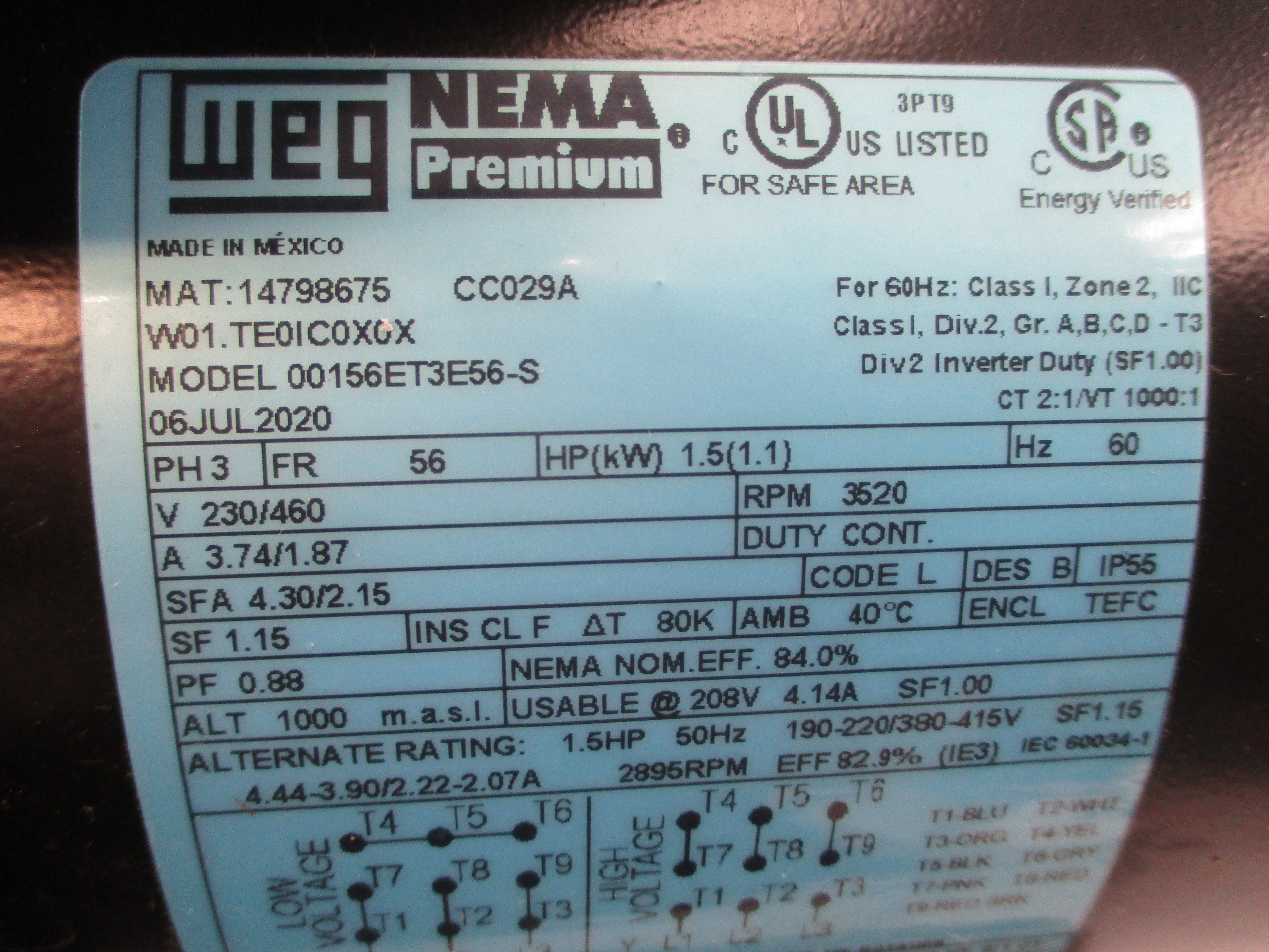 WEG 00156ET3E56-S 230/460V 3.74/1.87A NSNP