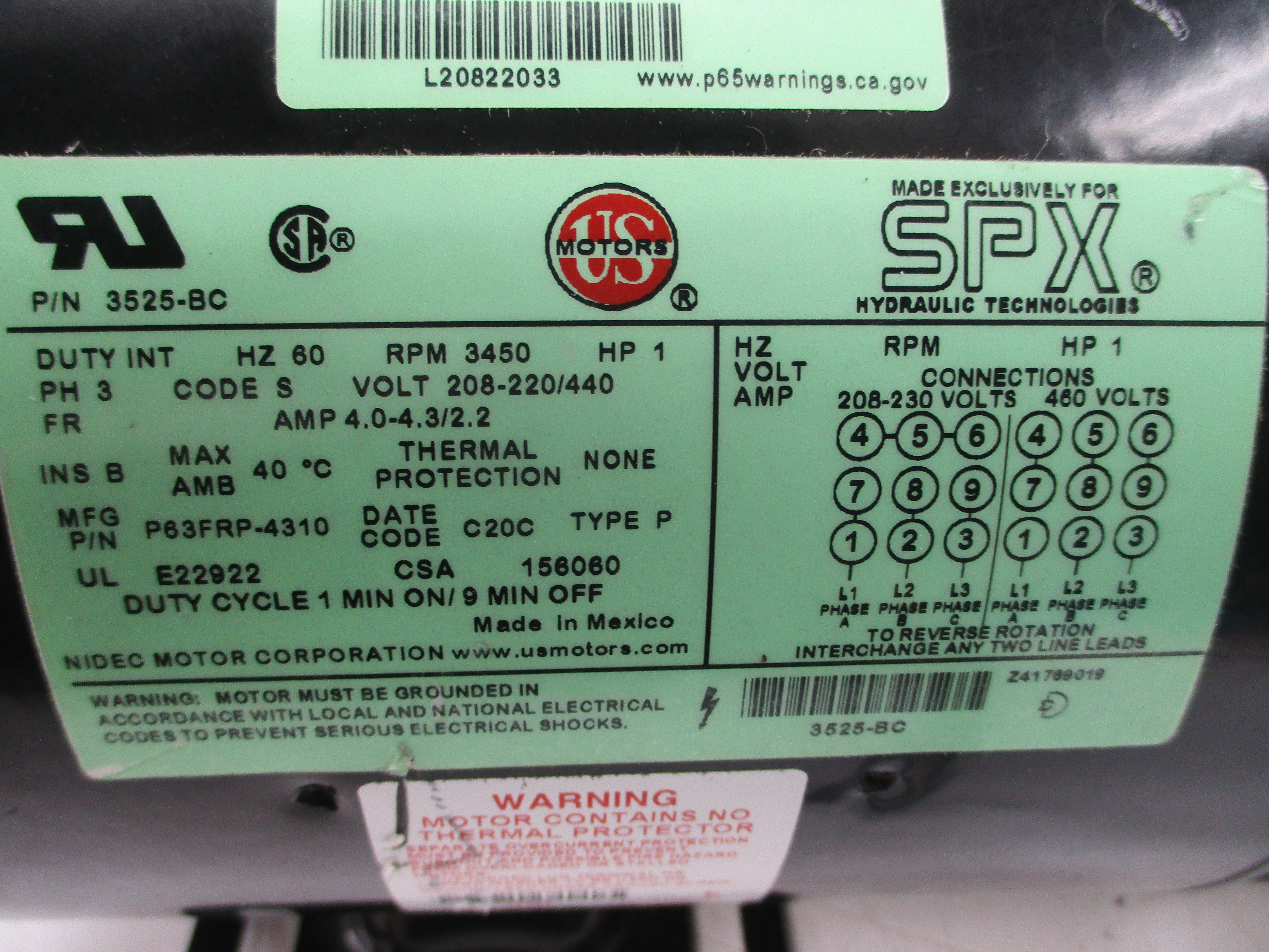US MOTORS 3525-BC AD-10324 208-220/440V 4.0-4.3/2.2A 2400PSI REV. 1 NSNP