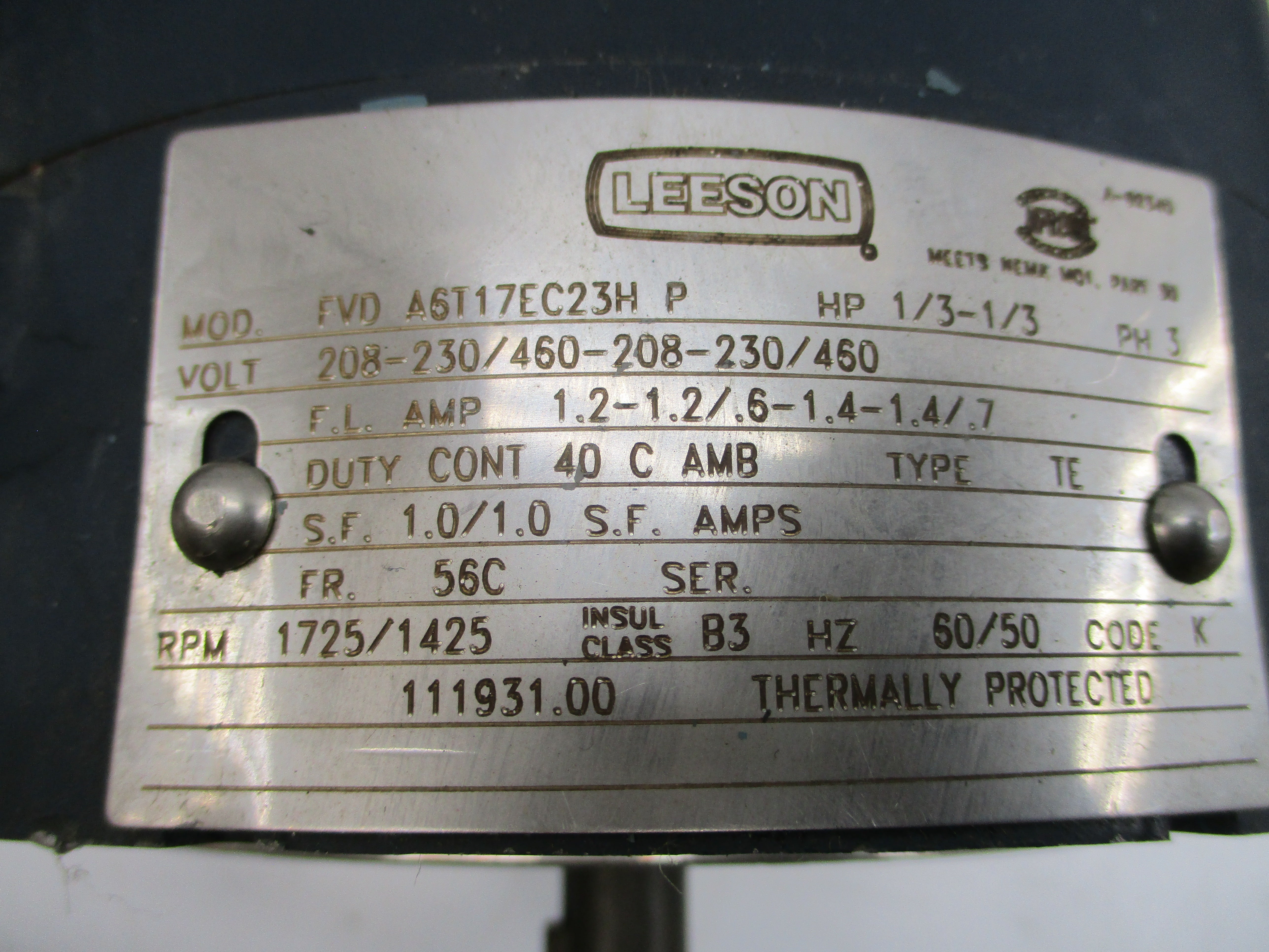 LEESON A6T17EC23H 208-230/460V 1.2-1.2/.6A NSNP