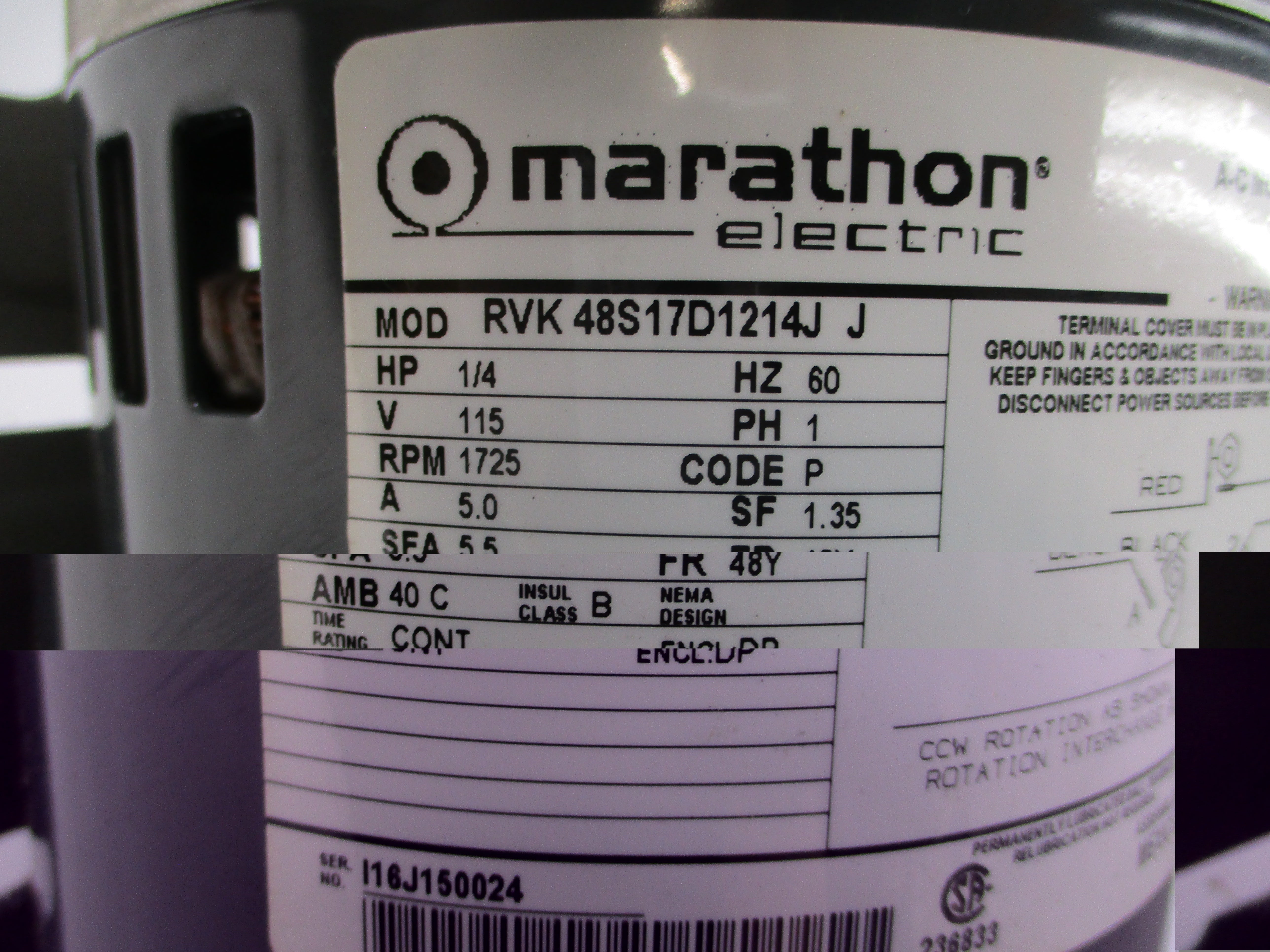 MARATHON ELECTRIC RVK48S17D1214JJ 115V 5.0A NSNP