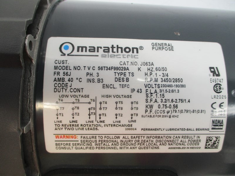 MARATHON ELECTRIC J063A 56T34F99029A 230/460V 3/1.5-2.6/1.3A NSNP