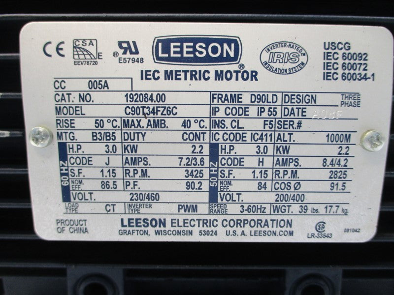 LEESON 192084.00 C90T34FZ6C 230/460V 7.2/3.6A NSNP