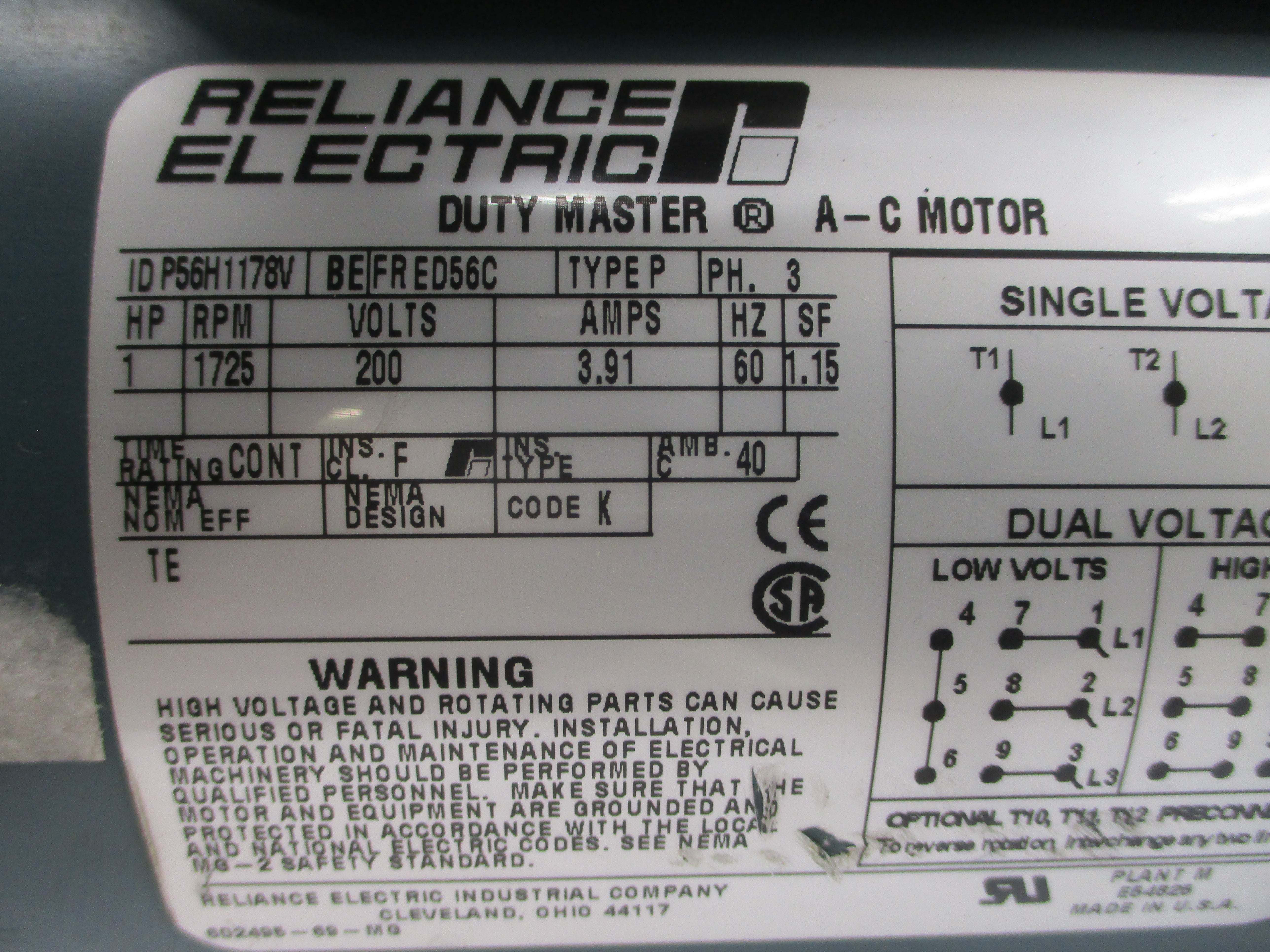 RELIANCE ELECTRIC P56H1178V 200VAC 3.91A NSNP