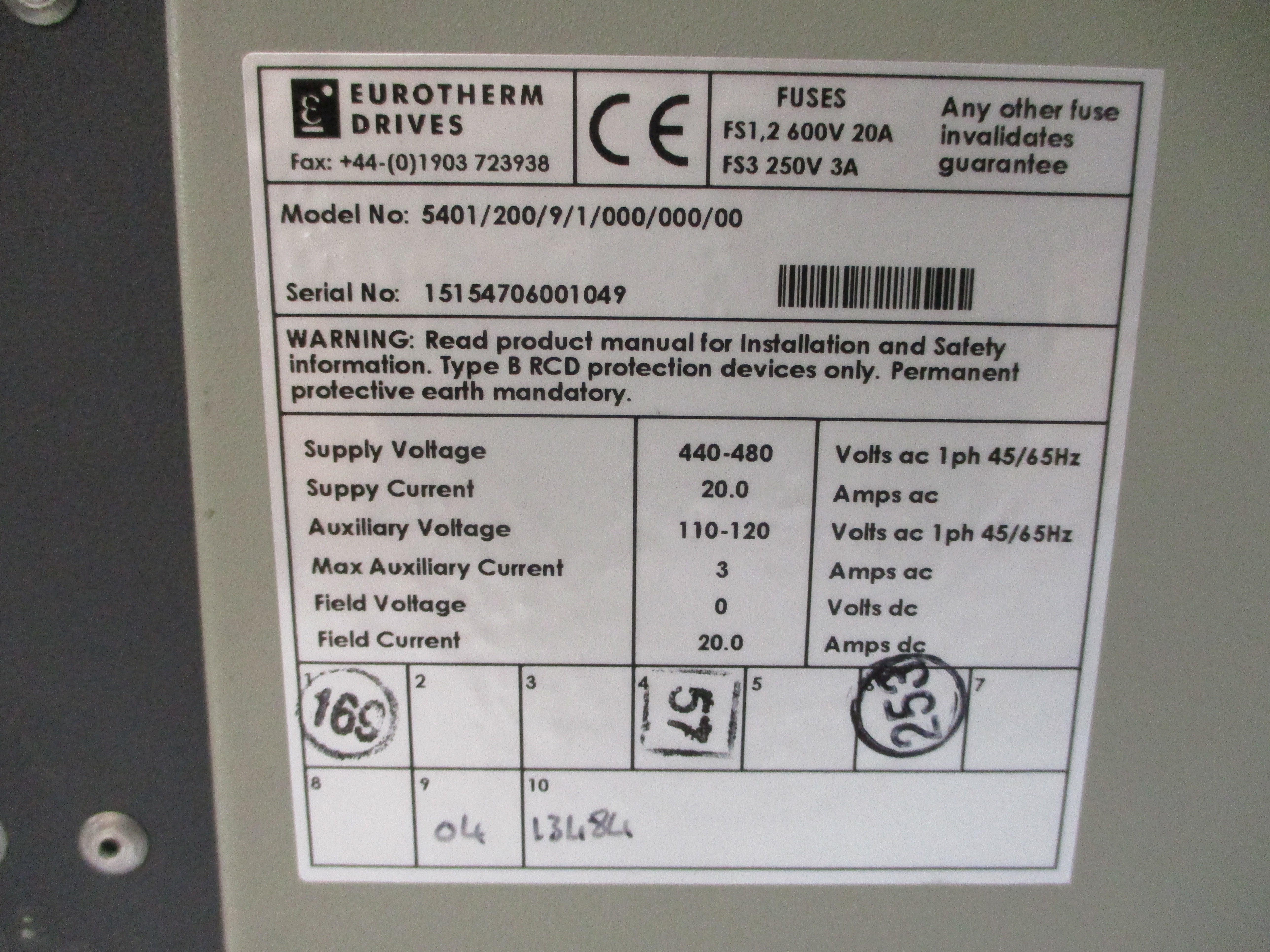 EUROTHERM DRIVES 5401/200/9/1/000/000/00 440-480VAC 20.0A NSNP