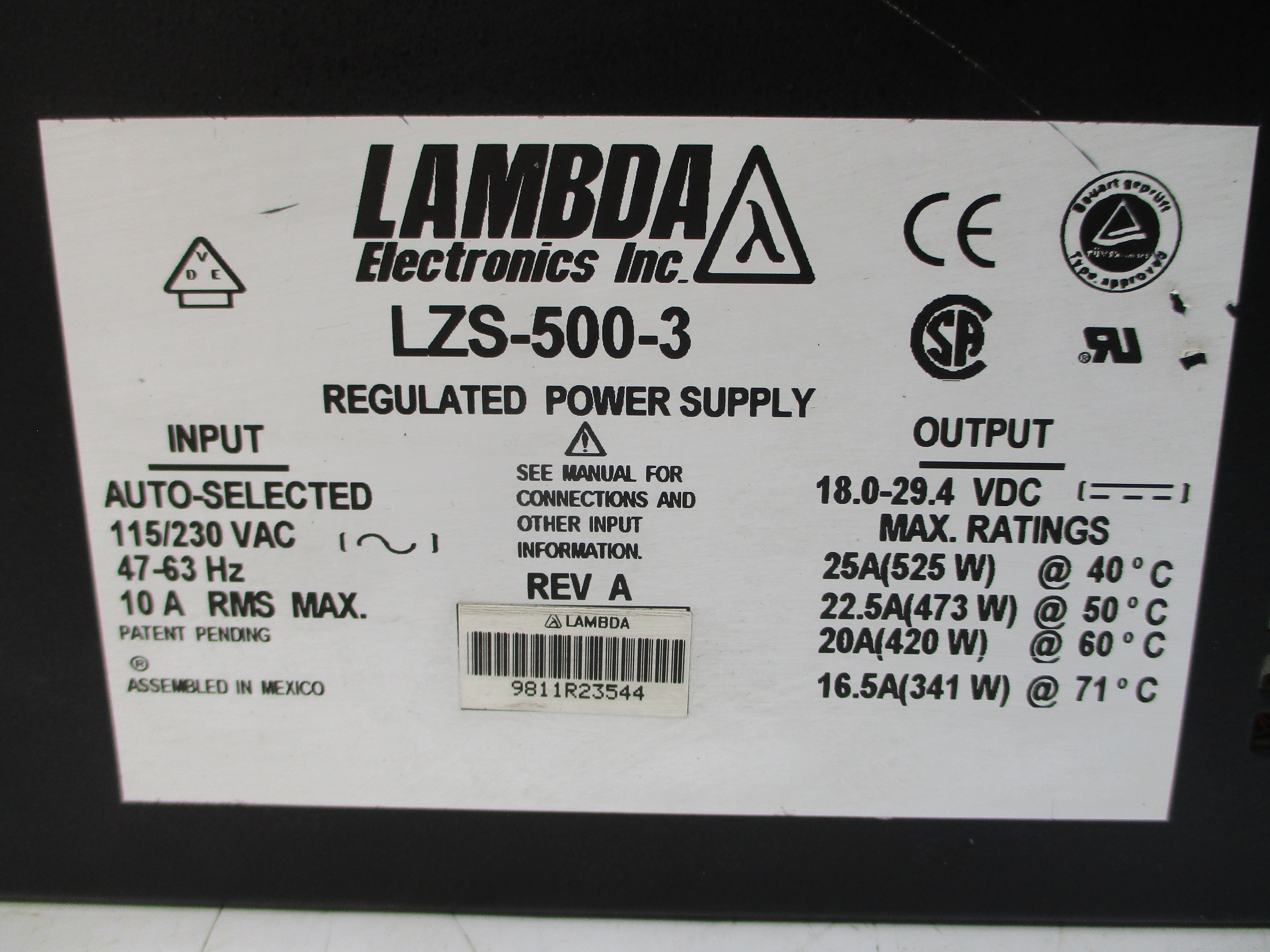 LAMBDA ELECTRONICS LZS-500-3 115/230VAC 10A REV. A NSNP