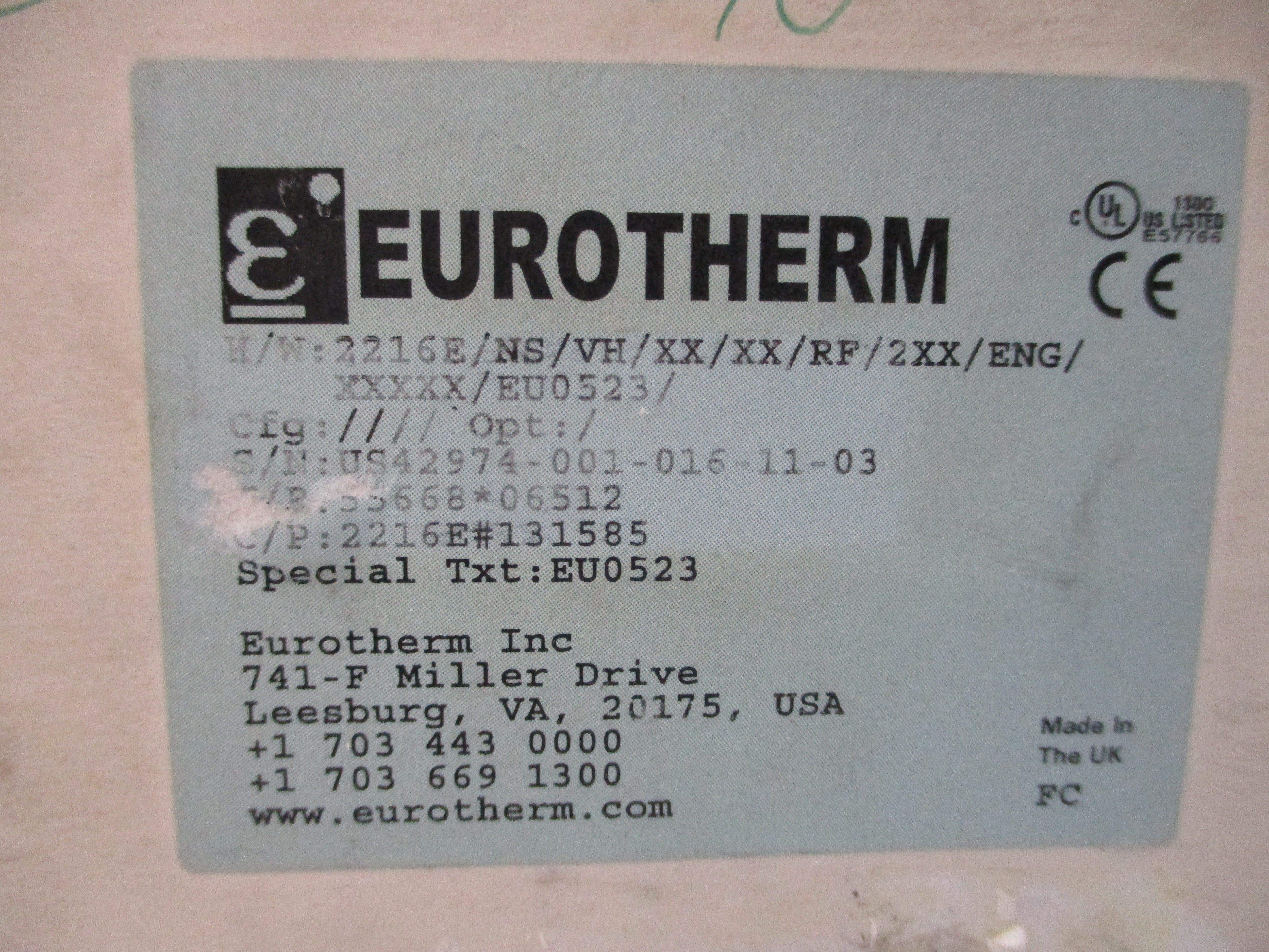 EUROTHERM 2216E/NS/VH/XX/XX/RF/2XX/ENG/XXXXX/EU0523/ 100-240VAC 2A NSMP