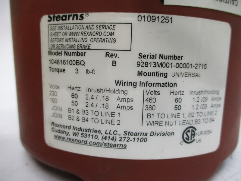 STEARNS 104816100BQ 380/460V 2.4/.18A REV. B NSMP